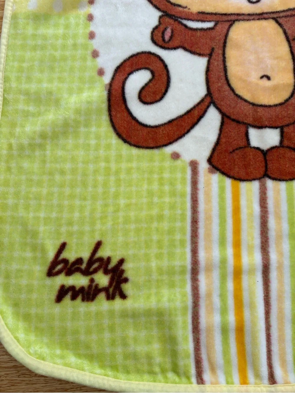 Vintage Baby Mink Monkey Blanket Fleece Yellow Green Stripe 31